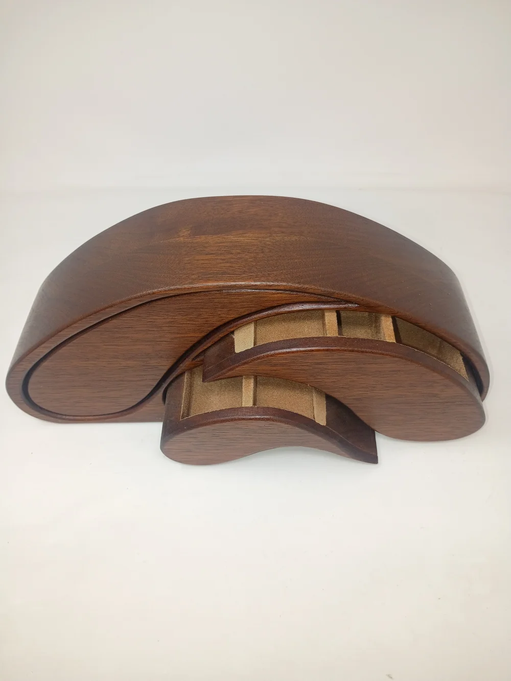 Vintage Hand-Carved Bandsaw Wooden 3-Drawer Teardrop Jewelry Box–Keepsake